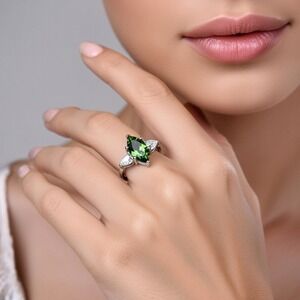 Stunning Marquise & Pear Cut Peridot/Clear Austrian Crystal Ring 6.75